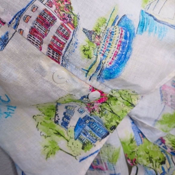 Chico's 100% Linen Novelty City Print Sz 3 Long Sleeve Button Down Front Blouse - Picture 13 of 15